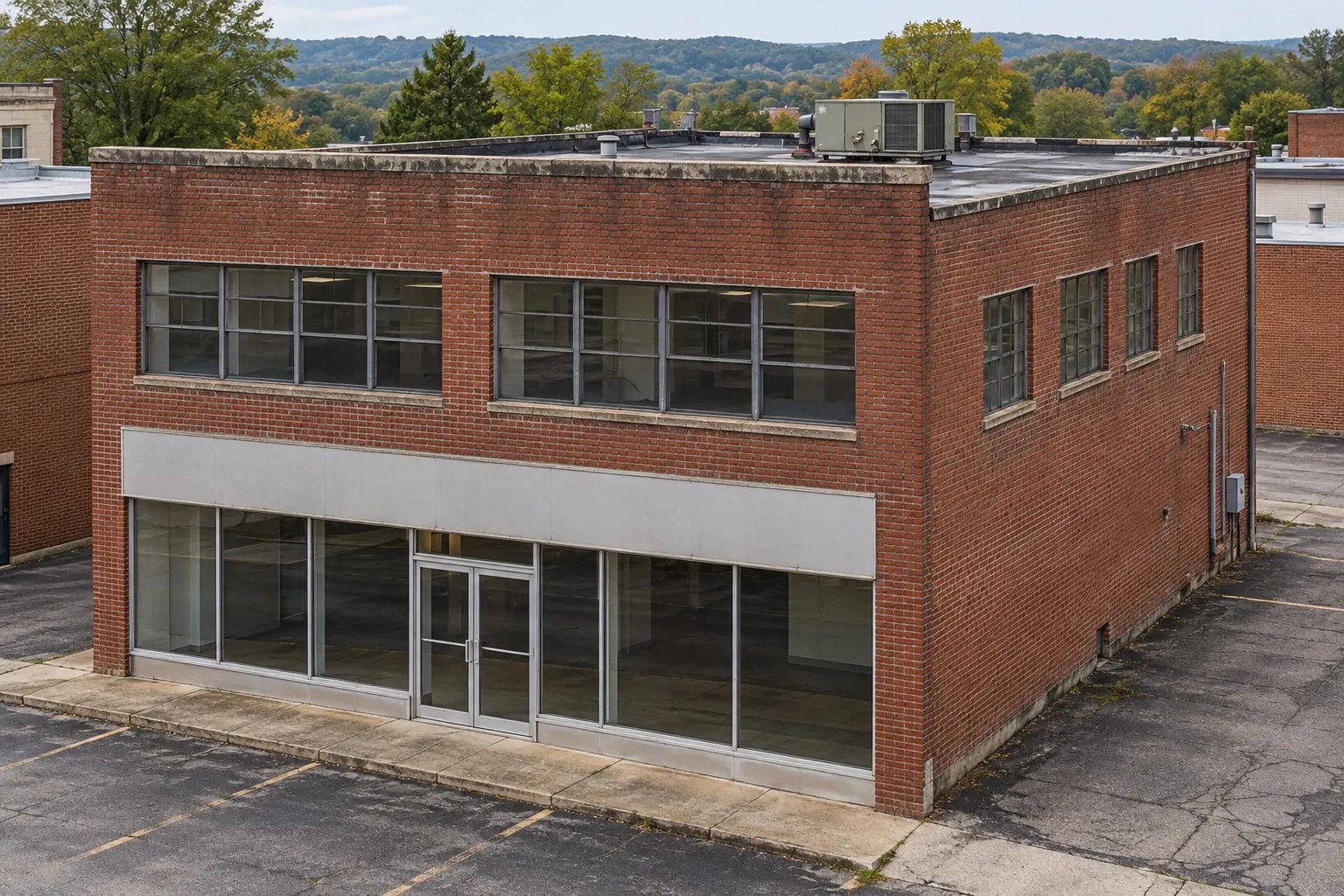 Two-story red brick commercial building with a flat roof behind its parapet
