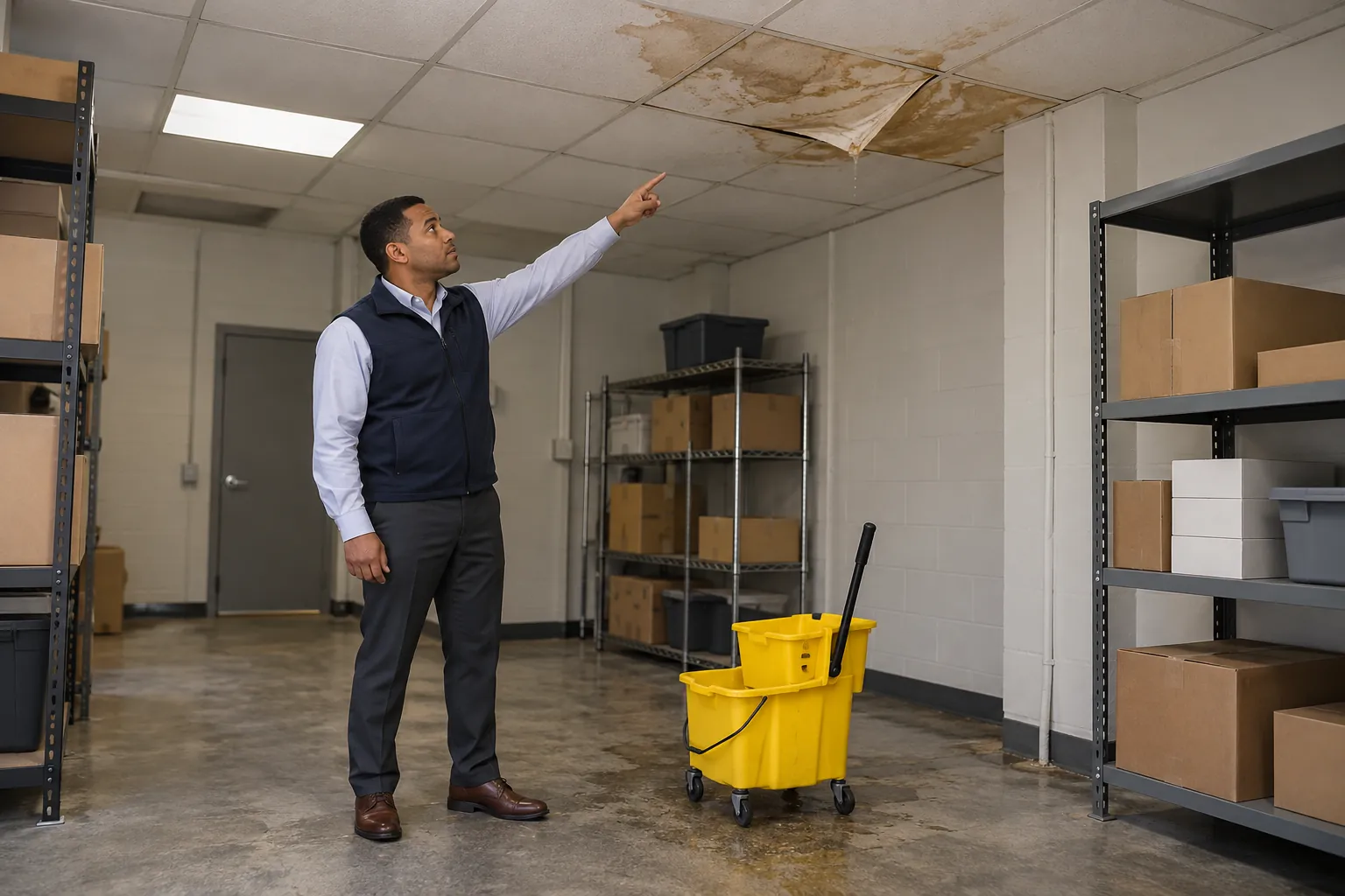 Operations manager pointing at stained, sagging ceiling tiles in a commercial back room