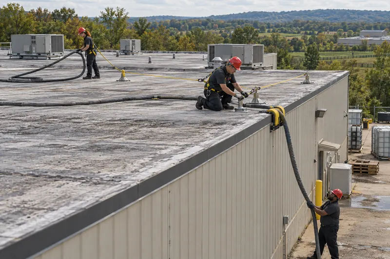 Crew running spray hose onto an aged flat roof and setting fall protection at the edge