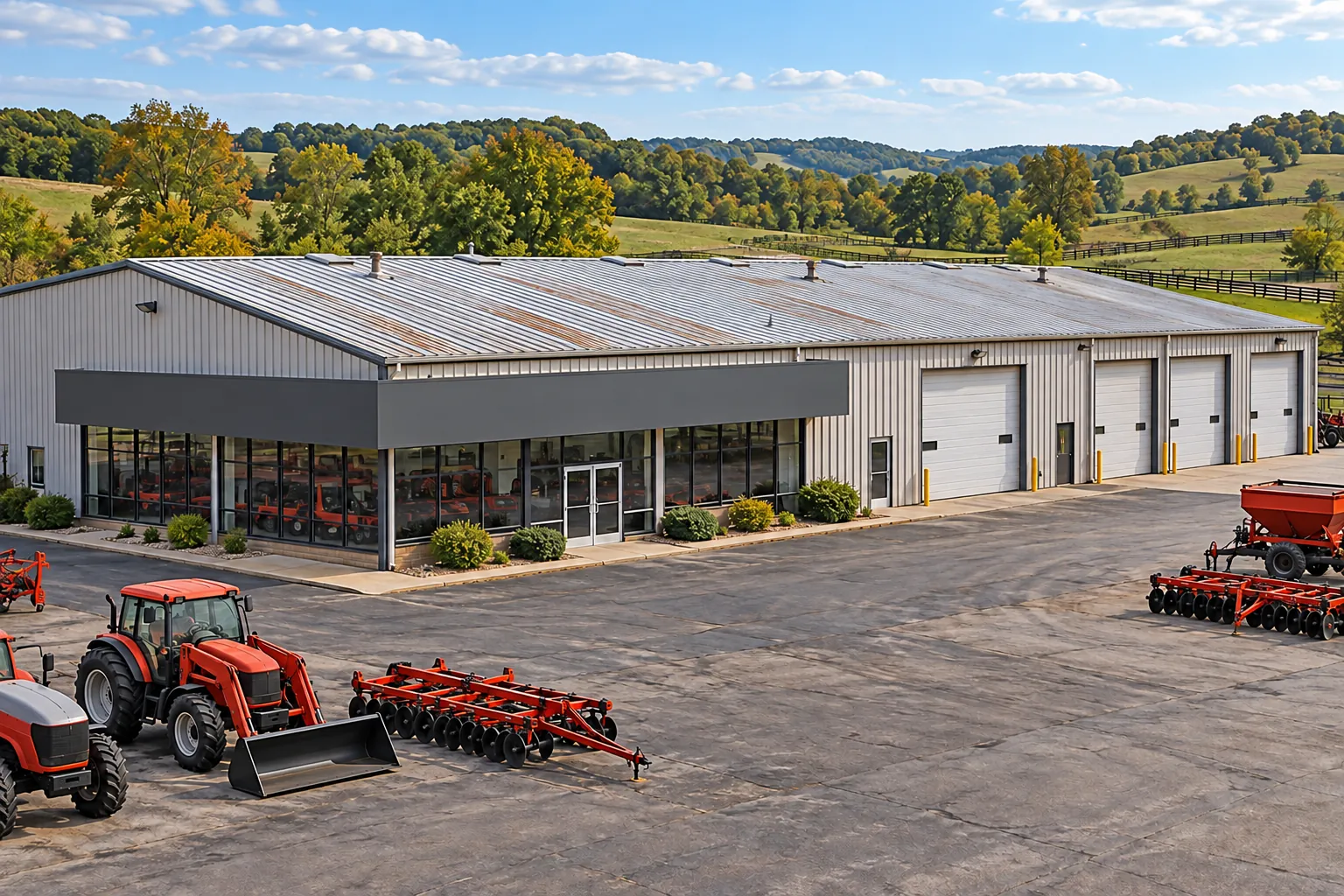 Farm equipment dealership with a long aged metal roof