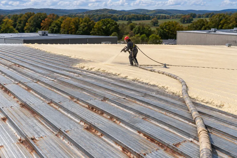 Roofer spraying tan foam over an old ribbed metal roof, seen from up the slope