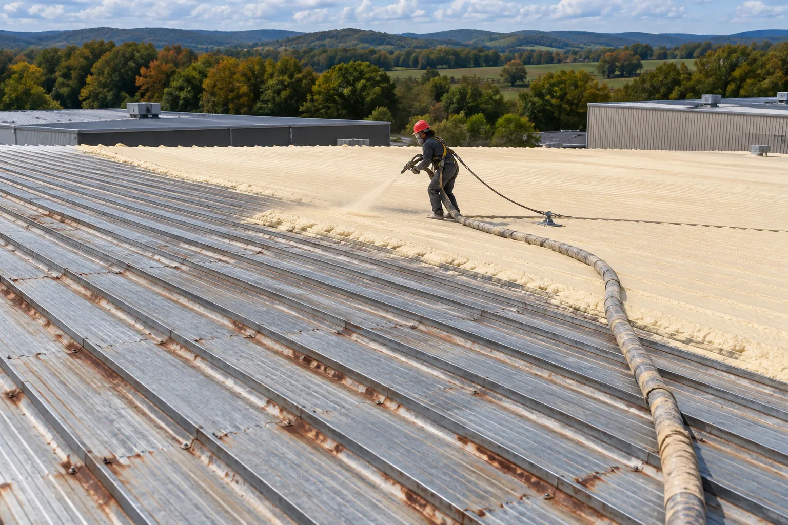 Roofer spraying tan foam over an old ribbed metal roof, seen from up the slope