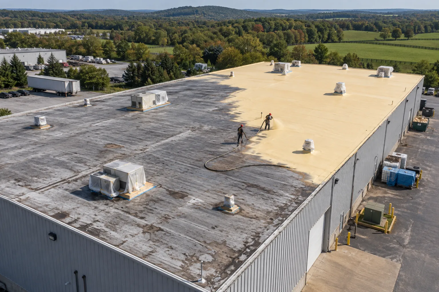 Drone view of a long warehouse roof with fresh tan foam covering about half the surface