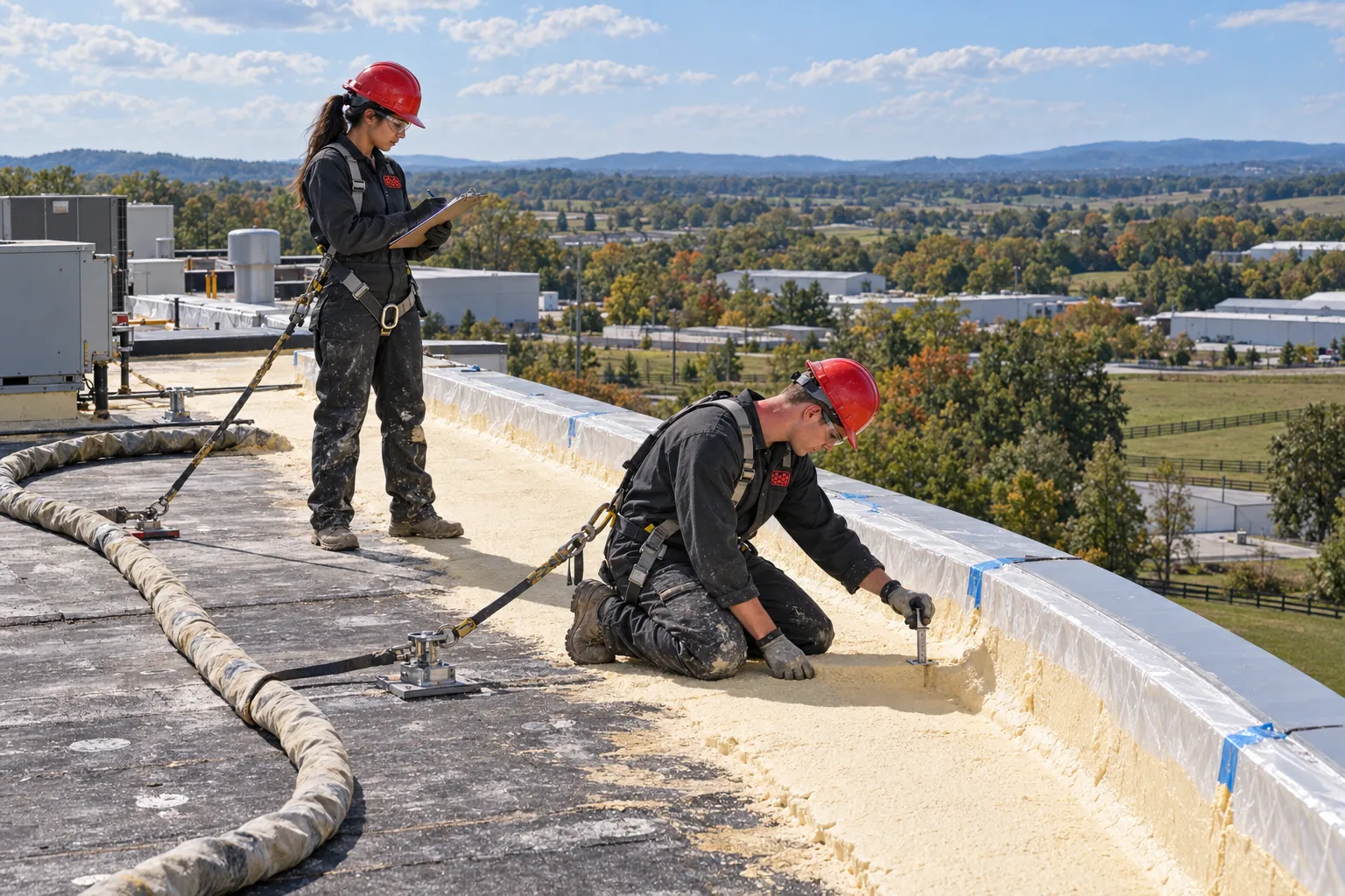 Roofer measuring foam depth at a roof edge while a coworker records the reading