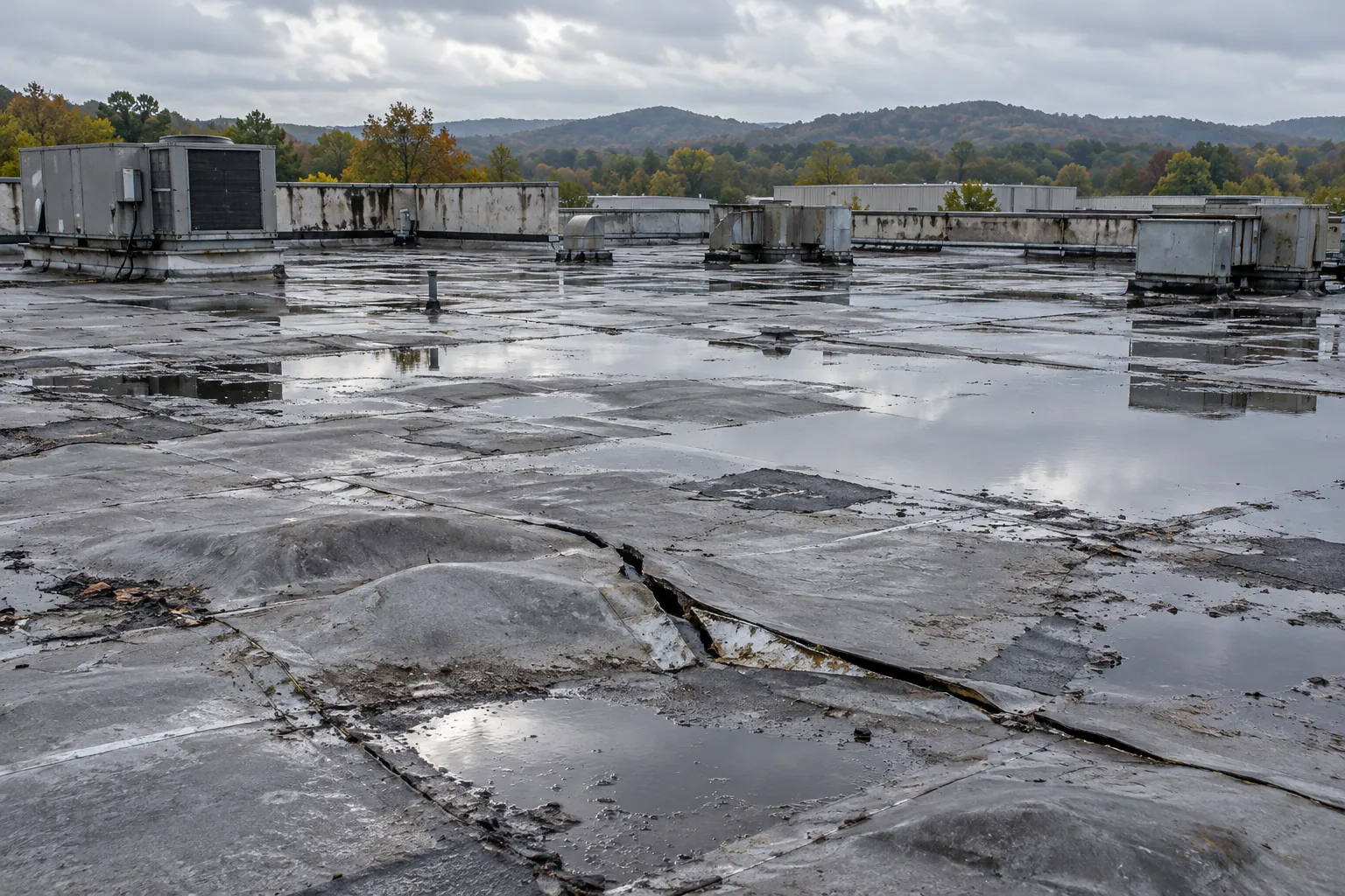 Aged flat roof with ponding water, blistered membrane, and split seams