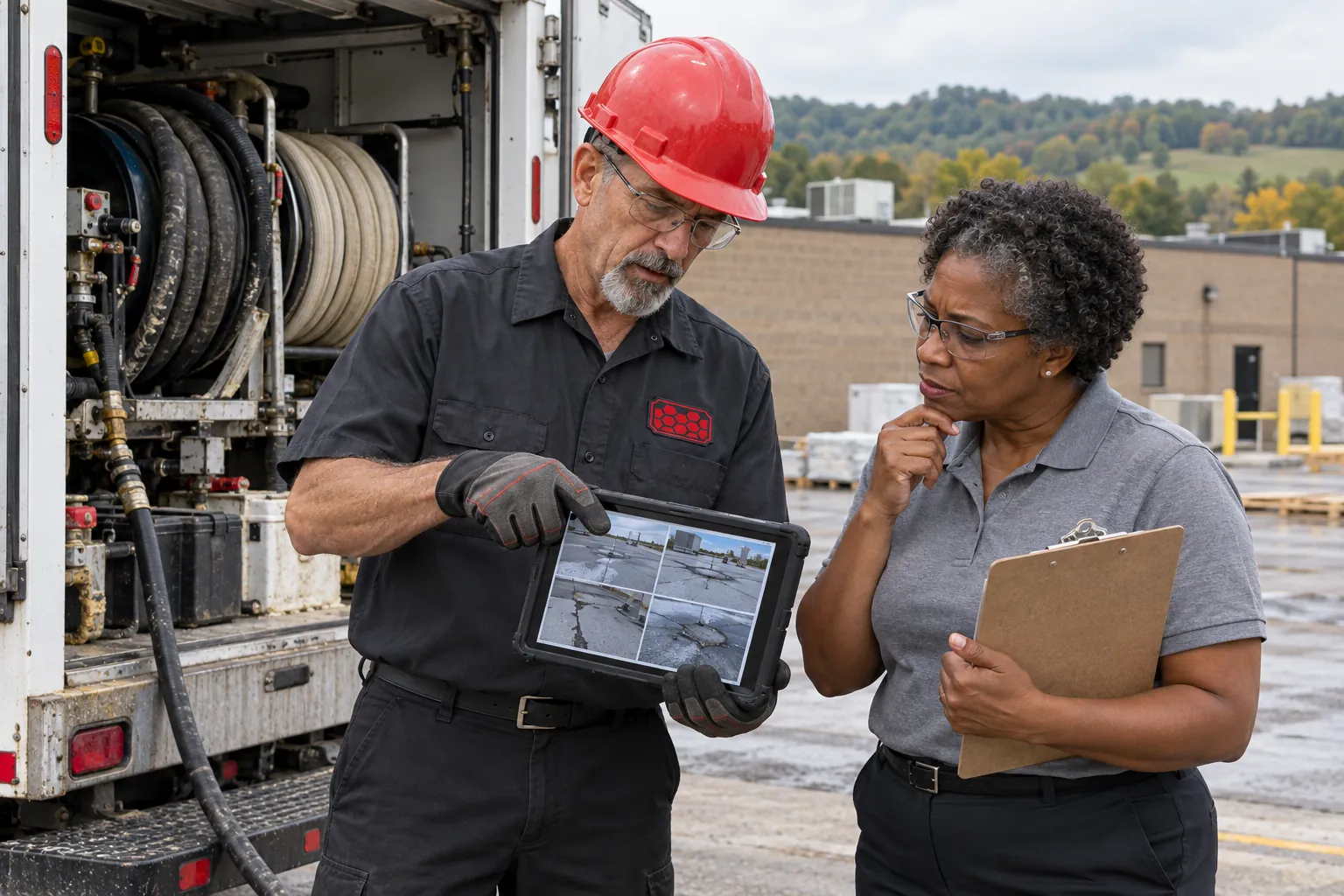 Roofer reviewing roof photos on a tablet with a facility manager beside the spray rig