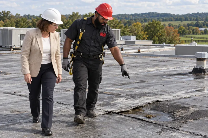 Roofer pointing out open seams on an aged flat roof while walking it with a building owner