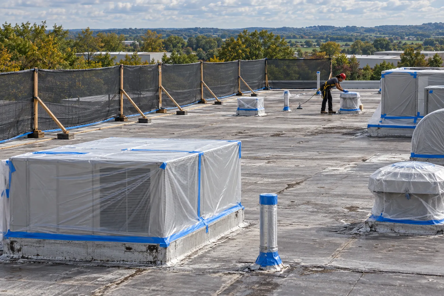 Rooftop units and vents wrapped in plastic and tape behind a braced wind screen before spraying