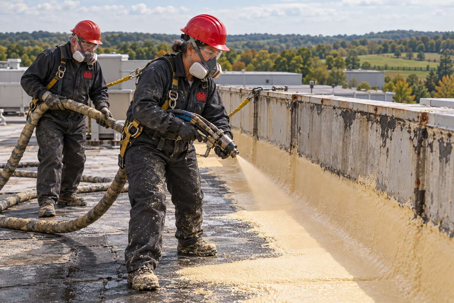 Two roofers in respirators spraying tan foam up a parapet wall on a commercial flat roof
