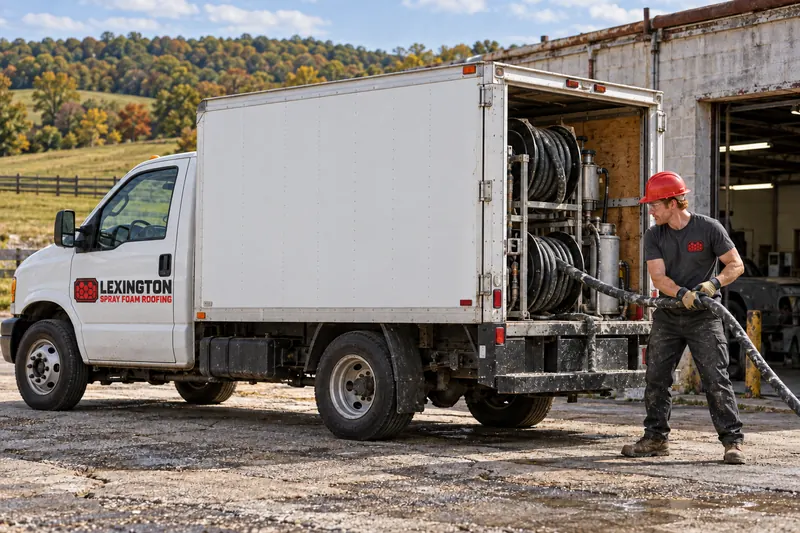 Spray foam rig truck with hose reels open beside a block commercial shop as a roofer pulls hose