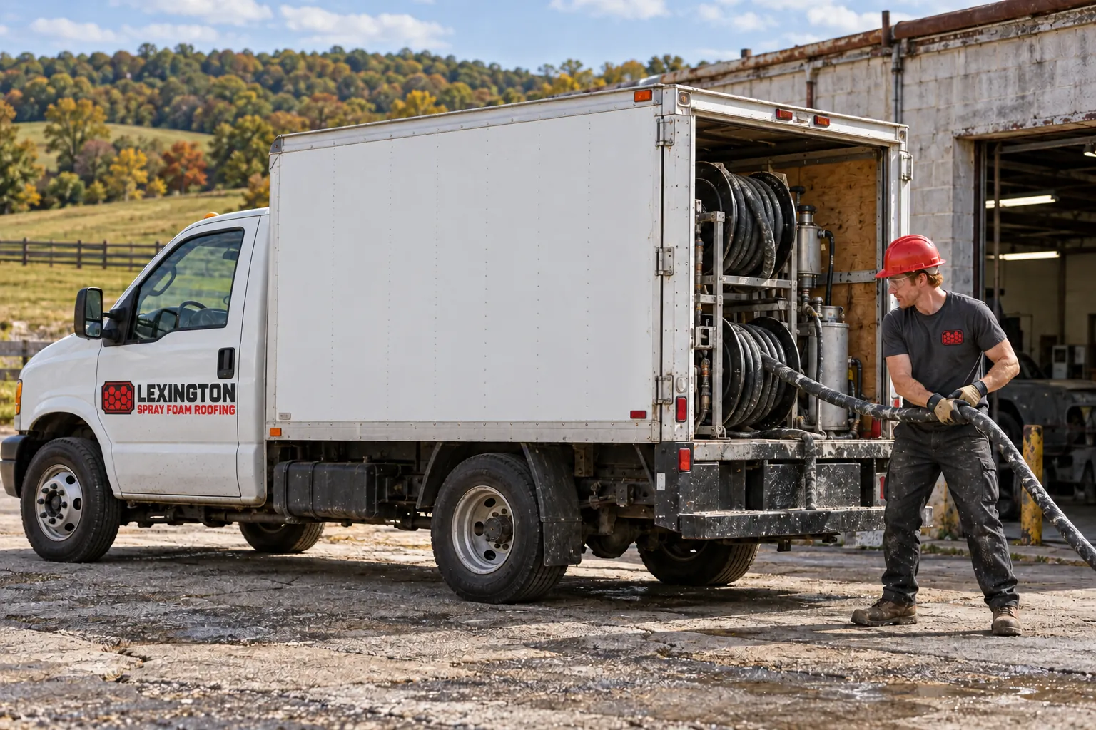 Spray foam rig truck with hose reels open beside a block commercial shop as a roofer pulls hose