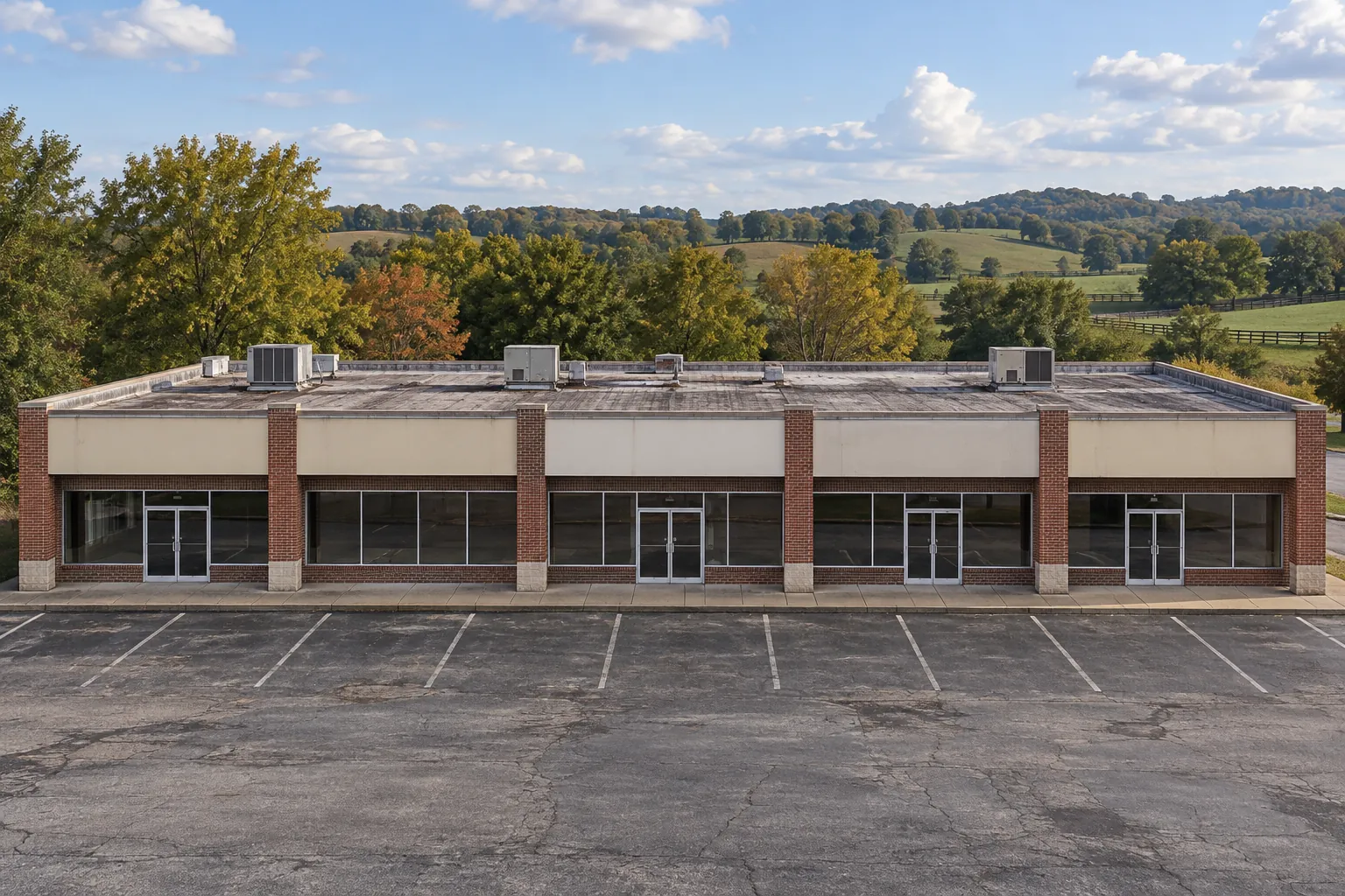Single-story strip retail center with an aged flat roof and rooftop units