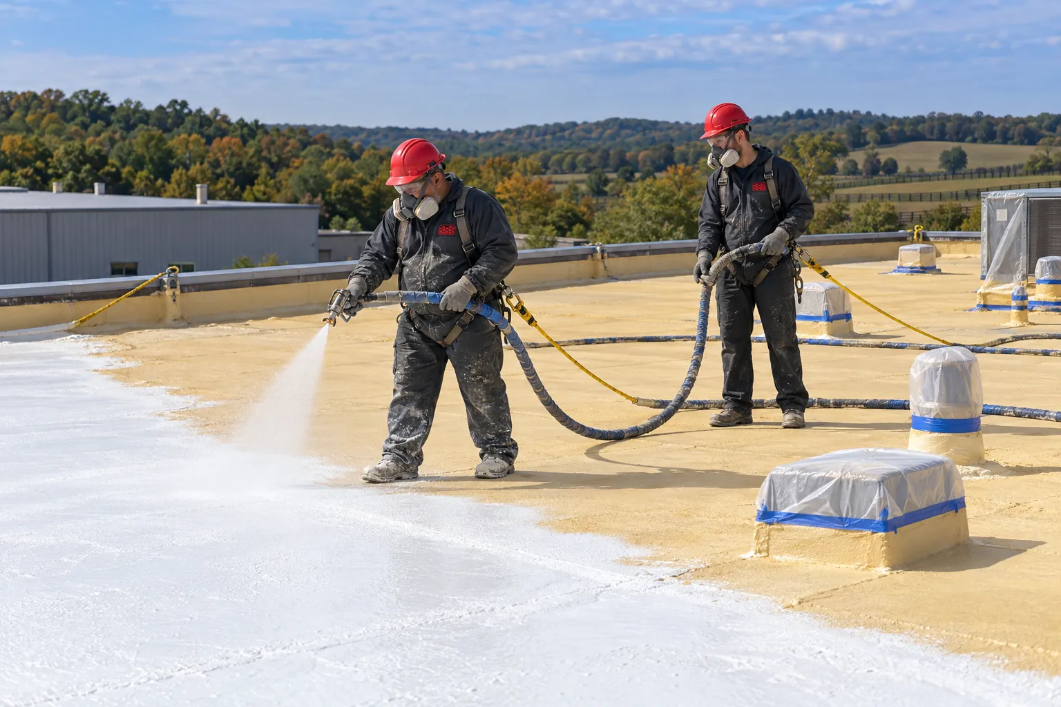 Roofer spraying white topcoat over cured tan foam while a second roofer watches the edge